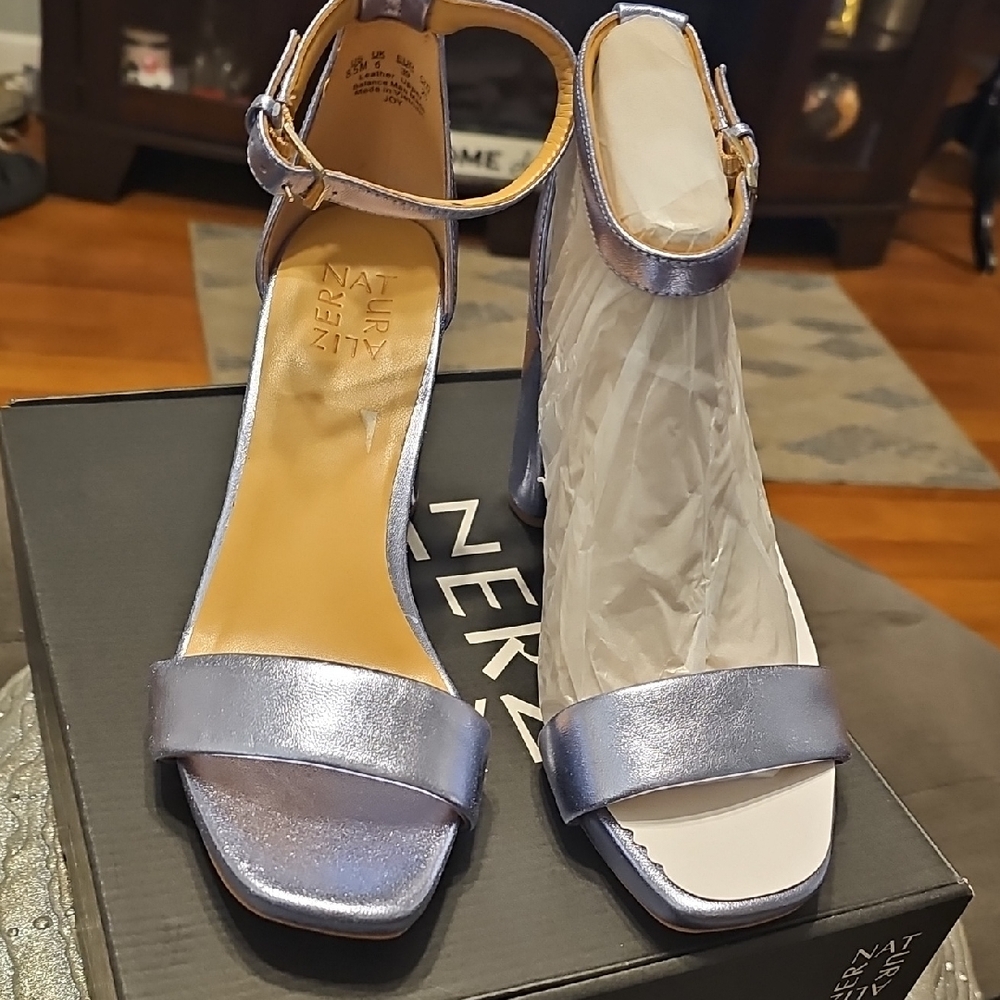 Naturalizer Blue Silver Metallic Heels with Ankle Strap